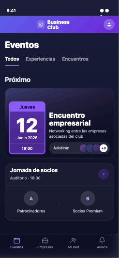 App móvil del club — agenda de eventos